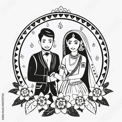 Indian Wedding Couple Vector Art, Icons, and Graphics isolated on white background.