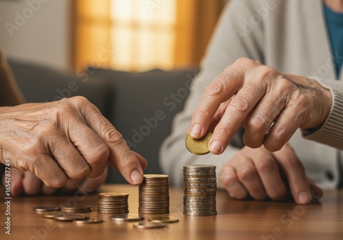 Retirement Savings: Elderly Hands Stacking Coins