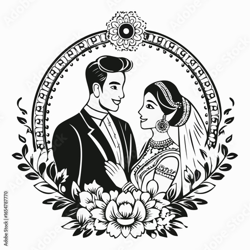 Indian Wedding Couple Vector Art, Icons, and Graphics isolated on white background.