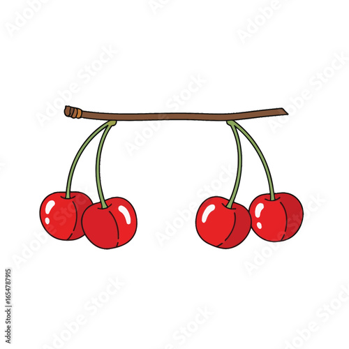 Four ripe cherries hang from a slender branch, showcasing their vibrant red color and juicy appearance.