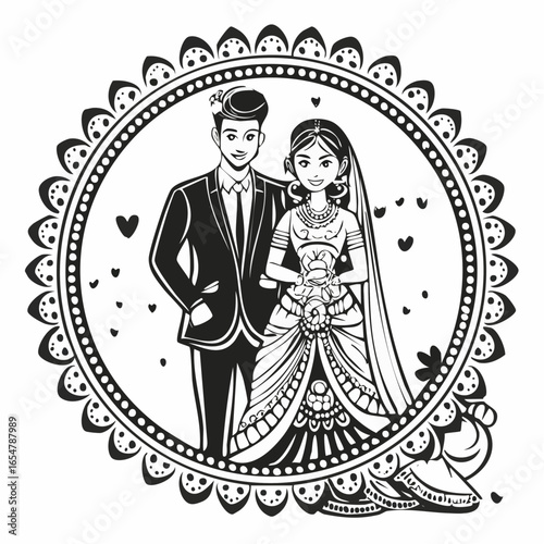 Indian Wedding Couple Vector Art, Icons, and Graphics isolated on white background.