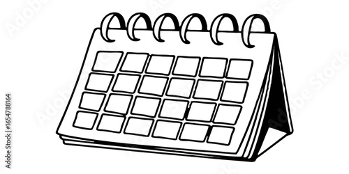 Illustration of a desk calendar with ring binding and multiple pages in black and white outline style