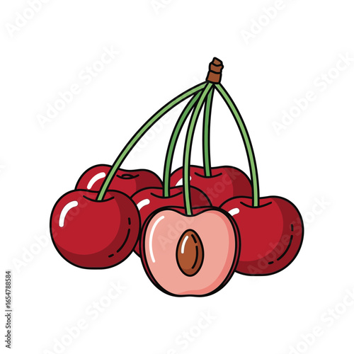 A vibrant illustration showcasing a cluster of ripe red cherries, one sliced open to reveal the pit.