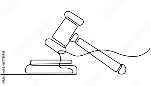 Judge hammer one continuous single line art drawing, One line drawing of judge hammer law symbol. Gavel Continuous Line Icon, continuous single line art drawing, Lawyer, justice, court concept.