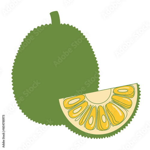 Illustration of a whole jackfruit and a slice, showcasing its spiky green exterior and yellow segments.