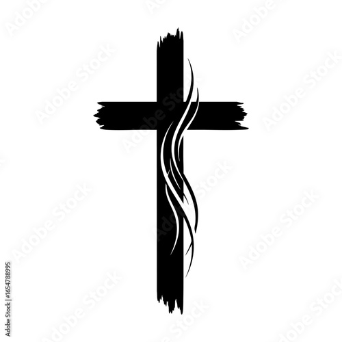 Christian cross silhouette illustration with an upward swirl of lines, symbolizing fervent faith