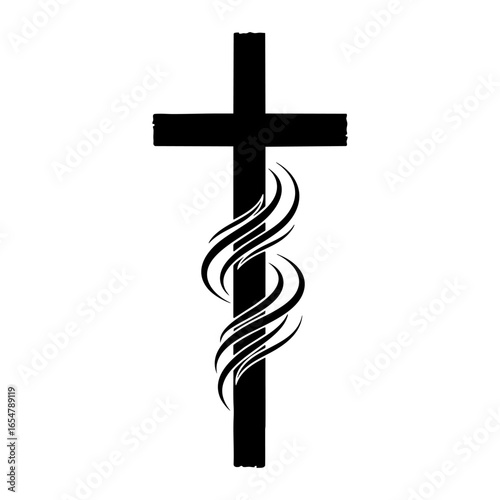 Christian cross silhouette illustration with an upward swirl of lines, symbolizing fervent faith