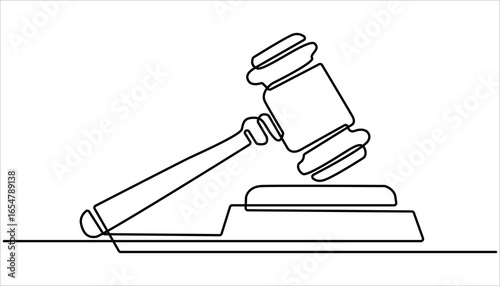 Judge hammer one continuous single line art drawing, One line drawing of judge hammer law symbol. Gavel Continuous Line Icon, continuous single line art drawing, Lawyer, justice, court concept.