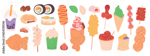 Cartoon asian street food. Fried seafood, octopus, fish and vegetables rolls. Bubble tea and ice cream, mochi, cookies with topping, racy vector clipart