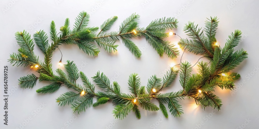 Obraz premium A Festive Arrangement of Evergreen Branches and Glowing Lights, Creating a Charming and Cheerful Holiday Scene, Perfect for Seasonal Greetings and Celebrations