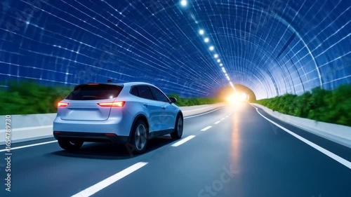 Electric SUV Drives Through Futuristic Solar Tunnel Towards Sunrise
