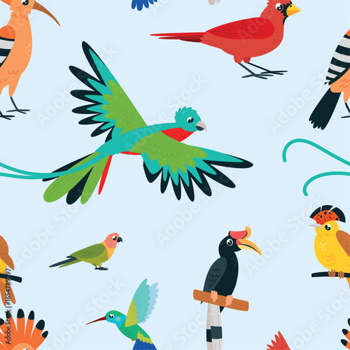 Exotic birds seamless pattern. Bright bird sitting on stick and fly. Vibrant hummingbird, parrot, cardinal bird. Cartoon print for fabric, vector background
