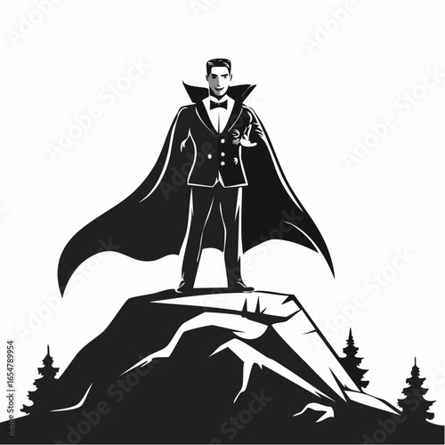 Dracula Standing Proudly on a Large Rock with a Billowing Cloak in Dramatic Style vector image.