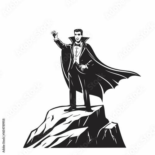 Dracula Standing Proudly on a Large Rock with a Billowing Cloak in Dramatic Style vector image.