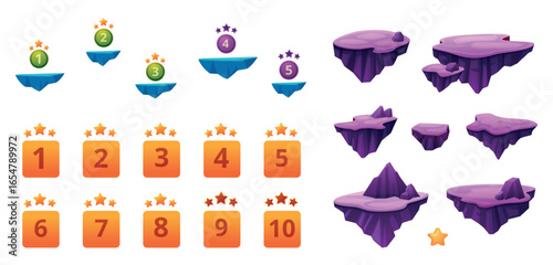 Levels elements. Game ui ux design. Floating islands with stars, buttons for bar. Decorative cartoon mountains, space design, vector set