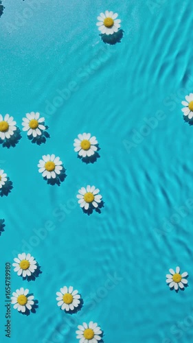 Vertical video of chamomile flowers swim in blue water texture background on harsh sunlight