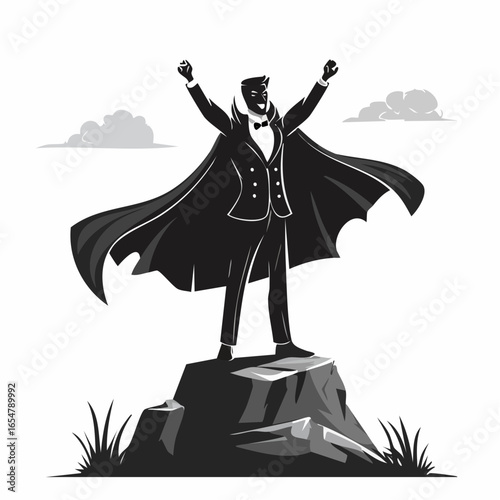 Dracula Standing Proudly on a Large Rock with a Billowing Cloak in Dramatic Style vector image.