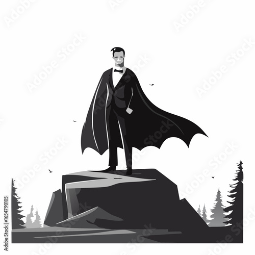 Vector Illustration of Dracula Majestically Standing on a Large Rock with a Flowing Cloak in Dramatic Scene.