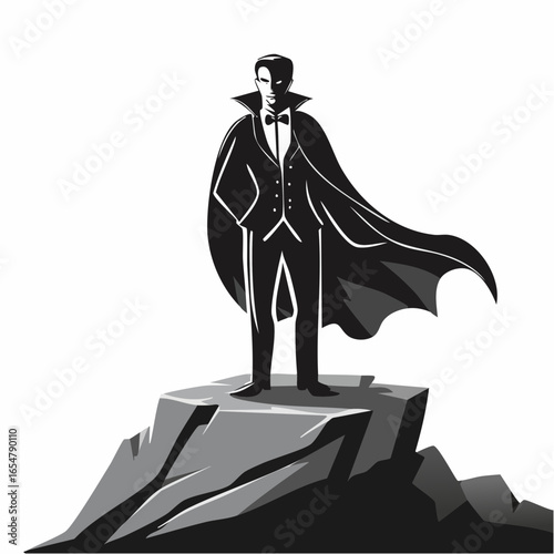 Vector Illustration of Dracula Majestically Standing on a Large Rock with a Flowing Cloak in Dramatic Scene.