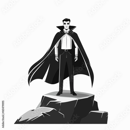Vector Illustration of Dracula Majestically Standing on a Large Rock with a Flowing Cloak in Dramatic Scene.