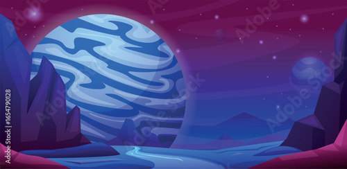 Mystic fantasy landscape. Planet surface with river and mountains. Giant planets, stars, interstellar space with different lights, vector universe background