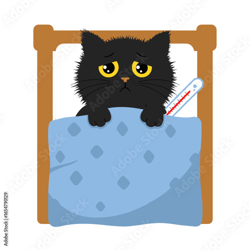 Flat icon of fluffy black cat lying in bed with a thermometer and blanket, isolated