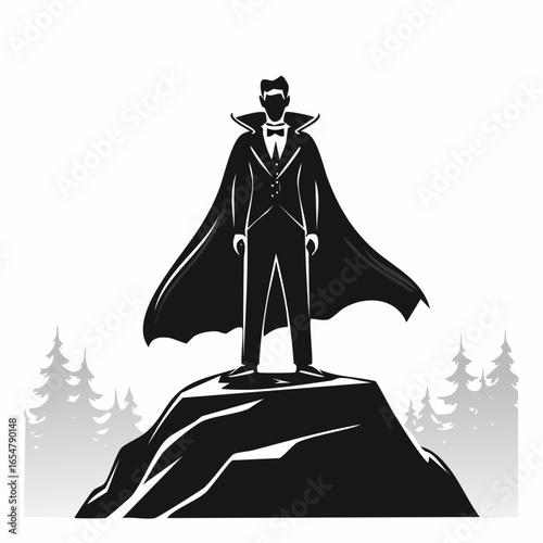 Vector Illustration of Dracula Majestically Standing on a Large Rock with a Flowing Cloak in Dramatic Scene.