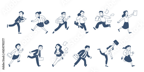 Running doodle office characters. People with documents folders business suitcases run at work or success. Time management, recent vector set