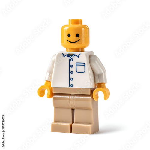 A smiling plastic minifigure toy wearing a light shirt and khaki pants stands on a white background