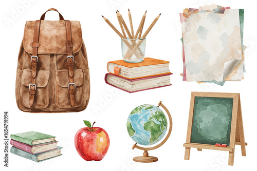 Vintage school items watercolor design elements no background. Back to school stationery and globe clipart isolated PNG