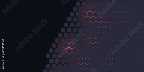 Dark gray and red horizontal hexagonal technology abstract vector background. red bright energy flashes under hexagon in futuristic modern technology wide banner. eps10