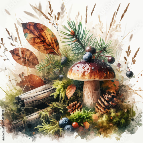 Dual Exposure Mushrooms and Pine Cones Illustration