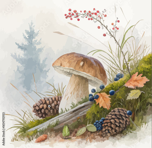 Mushrooms and Pine Cones in Forest Illustration