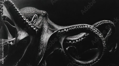 Detailed grayscale octopus, intricate tentacles, dark background