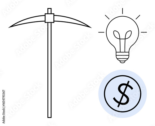 Pickaxe, glowing bulb, and dollar sign illustrating resource extraction, creativity, and monetary reward. Ideal for entrepreneurship, mining, ideas finance innovation investments progress. Simple