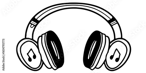Illustration of black and white headphones with musical note on each ear cup design element vector