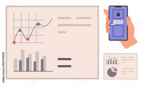Smartphone showing unlock screen beside graphs with trends, bars, and pie charts signaling analytics and security access. Ideal for technology, security, data, business, finance, research education