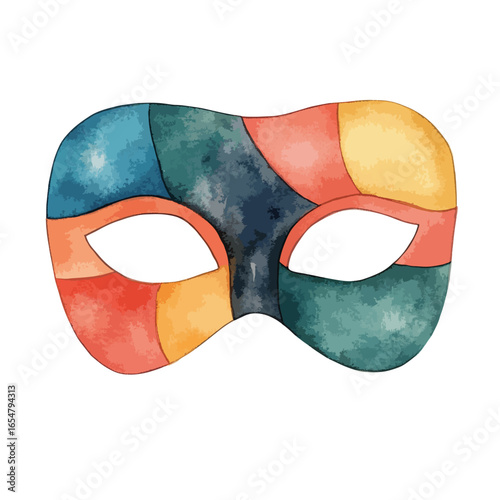 Watercolor Carnival Mask with Patchwork of Blues Reds Yellows and Greens