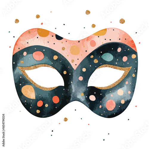 Watercolor Carnival Mask with Golden Accents and Confetti Illustration