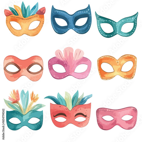 Watercolor Carnival Masks Collection with Feathers and Floral Accents