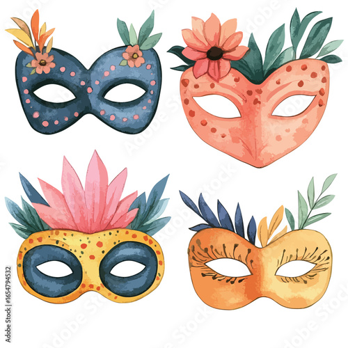 Watercolor Carnival Masks with Floral and Leafy Embellishments Colorful Designs