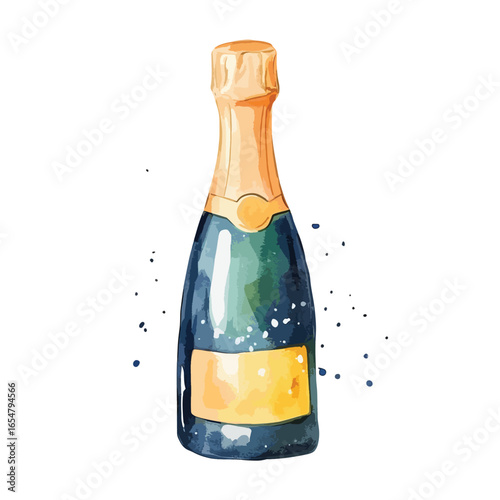 Watercolor Champagne Bottle with Gold Foil and BlueGreen Body Splashes
