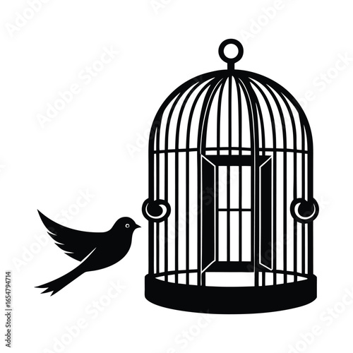 Silhouette of a bird flying out of an open birdcage