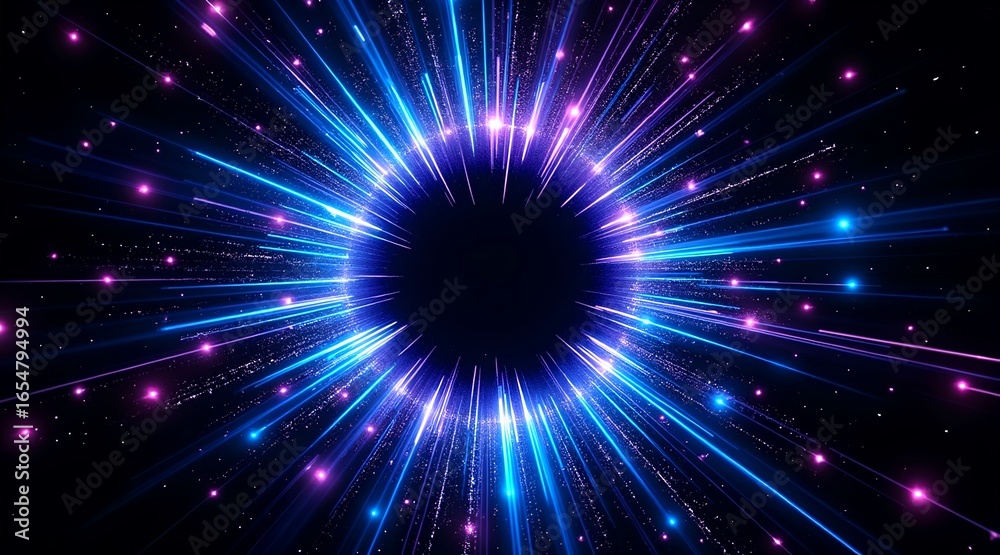 Naklejka premium Abstract art of blue and purple light fibers radiating outwards to create a vibrant circular burst of energy against a black backg