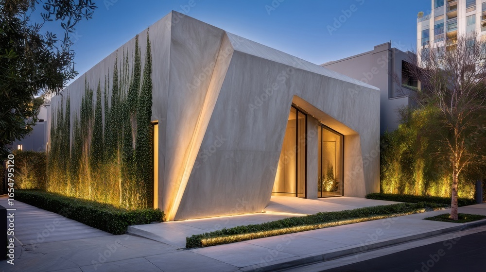 Obraz premium A modern geometric house with smooth light gray concrete walls, irregular slanted facade,