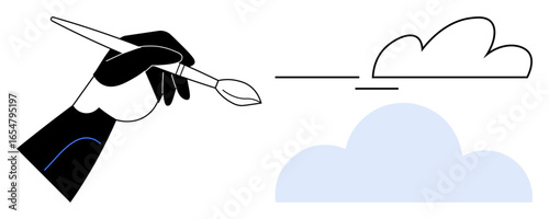 Hand holding a brush painting a cloud with simple strokes and shapes, merging creativity, minimalism, and imagination. Ideal for art, design, creativity, inspiration, innovation ideas