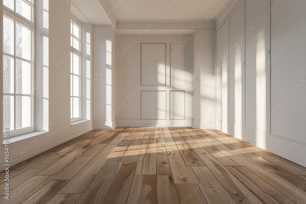 Obraz premium A sun-drenched, empty room with light-filled windows and elegant, paneled walls showcases a warm hardwood floor.