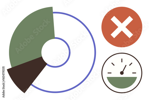 Pie chart in green and black, cross mark in red circle, and speedometer with a partial green indicator. Ideal for data analysis, performance metrics, decision-making, error messages, problem-solving