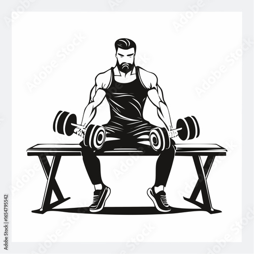 Vector Illustration of a Man Lifting Weights While Sitting on a Bench, Focused and Strong