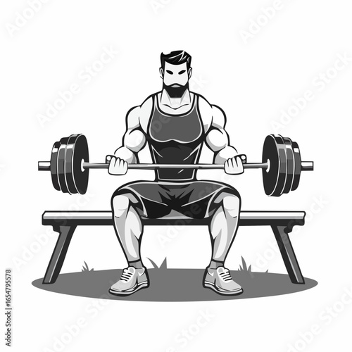 Vector Illustration of a Man Lifting Weights While Sitting on a Bench, Focused and Strong